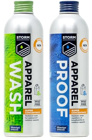 STORM Apparel Wash & Proof Twin Pack 200ml | Super Concentrate | Performance Cleaner & Waterproofer for Technical Clothing | Restore Outdoor Jackets, Trousers and Waterproofs. Treat up to 8 Garments