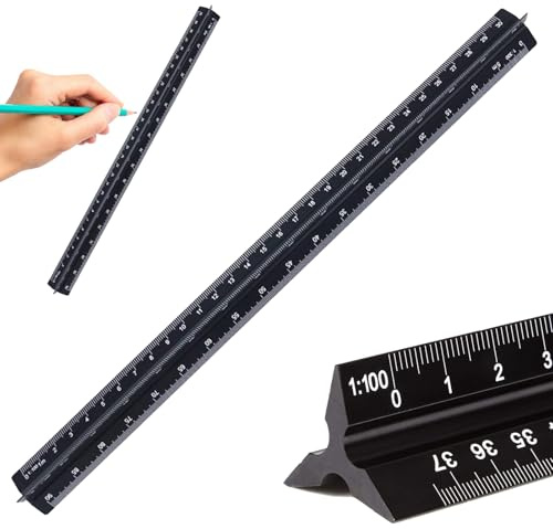Righello architettonico, scala triangolare, righello da 30 cm, standard, per architetti, studenti, disegnatori e ingegneri, nero (1:100, 1:200, 1:250, 1:300, 1:400, 1:500)