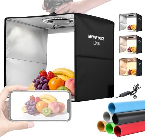 NEEWER Basics Photo Studio Light Box Caja Luz, 16x16 Bi Color Plegable Photo Booth Shooting Tent con 6 Fondos Color, 120 LED CRI95+ Regulables para Fotografía Joyería Electrónica Alimentos, LB40B