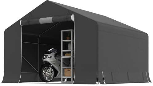 Outsunny Abri de Jardin Tente de Stockage étanche abri Moto Porte Enroulable Fermeture éclair, Garage pour vélo et Outils Rangement et Stockage pour vélo Moto Bois Outils, 300x300x210cm, Gris foncé