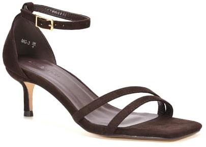 ESSEX GLAM Women's Kitten Low Heel Sandals Ladies Brown Faux Suede Strappy Ankle Strap Square Toe Barely there Two Part Shoes Size 7