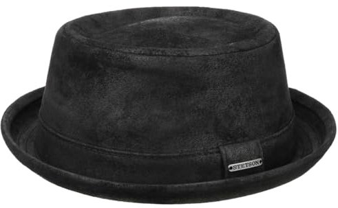 Stetson Pennsylvania Pigskin Leder Porkpie Hut Herren - Lederhut aus Schweinsleder - Gefütterter Pork Pie (Baumwolle) - Fedora im Used-Look Sommer/Winter - Robuster Herrenhut schwarz XL (60-61 cm)