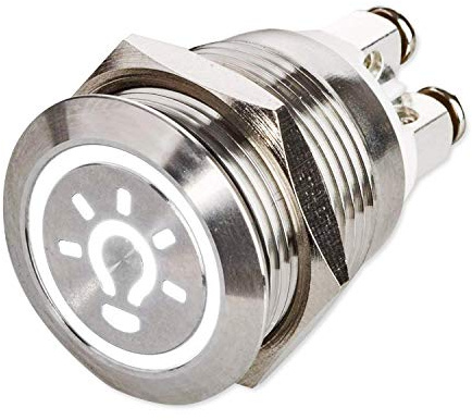 LED Drucktaster – Licht-Symbol – Ø 19 mm – flache Tastfläche – Schraubkontakte – wasser- staubdicht IP67 – AC/DC (weiß)