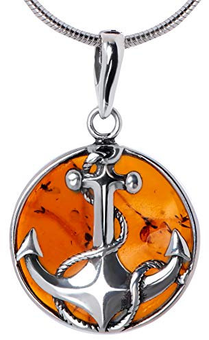 ANDANTE Premium Collection - Echter OSTSEE Bernstein Kettenanhänger in 925 Sterling Silber ** Marine Anker ** Zertifiziert - Gold des MEERES - Farbe COGNAC