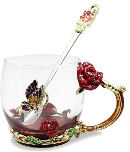 Qinhai Enamel Butterfly Flower Tea Cup Sets,Glass Coffee Mug,Mothers Day Gifts for Mum,Birthday Valentines Graduation Christmas for Women Wife Her Grandma Teacher Friend (Red)