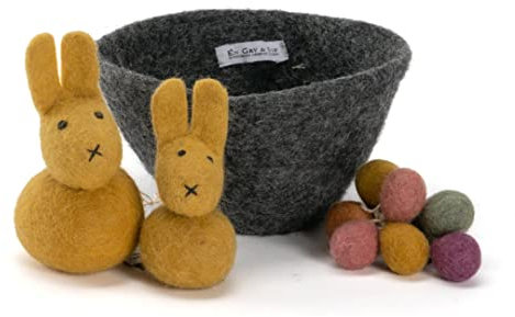 Én Gry & Sif Osternest Leni I aus Natur-Filz, Hand-Made, fair-Trade, liebevolle Osterdeko I dunkel graue Schale, Zwei gelbe Häschen