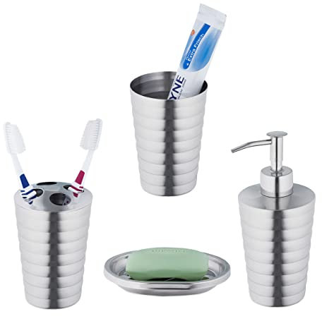 Relaxdays Set Bagno 4 Accessori in Acciaio Inox Lucido, Porta Spazzolino e Dentifricio, Sapone e Saponetta, Argento, 17 x 7 cm