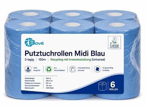 BOVE Lot de 6 rouleaux de papier essuie-mains Midi 2 plis bleu 150 m 20 cm (400 feuilles par rouleau) (8308000) - Pour l'industrie, l'atelier et la restauration