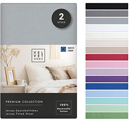 VelvetHome Doppelpack Spannbettlaken 90x200cm 100% gekämmte Baumwolle Made in EU Jersey Bettlaken 90x200 bis 25 cm Matratzenhöhe Spannbetttuch 90x200 Premium Qualität Schönen Farben Hell-grau