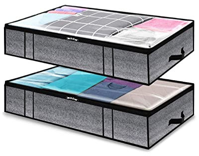 KALAHOL 90L Underbed Storage Bags 2 Pack Foldable Fabric Clothes Storage Bags with Zips and Reinforced Handle, Large Capacity & Clear Window for Comforters, Clothes, Blankets, Duvets