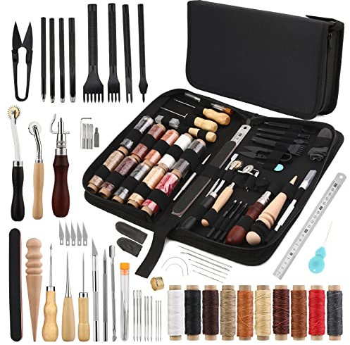 52 Stück Leder Nähen Set, Leder Werkzeug Set, Leders Nähwerkzeug mit 10 Farben Gewachster Faden, Krappenstanzwerkzeuge, Lederlocher, Nähnadel, Druckzahnwerkzeug, Nähahle für Lederbearbeitung