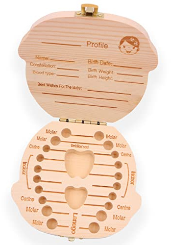 ANCLLO Tänder Spara Box Söt Personlighet Baby Tand Box Spara trälådor Lövfällande Souvenir Box (Flicka)