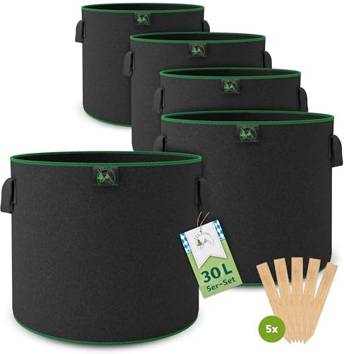 TTL Garden 5X 30L Pflanzsack aus Vlies Stoff - 5er Set 30 Liter Pflanztaschen aus 300 g/m² Filz & Vliesstoff - Pflanzgefäß Pflanzbeutel Wachstumstasche für Balkon Terrasse Gewächshaus & Garten