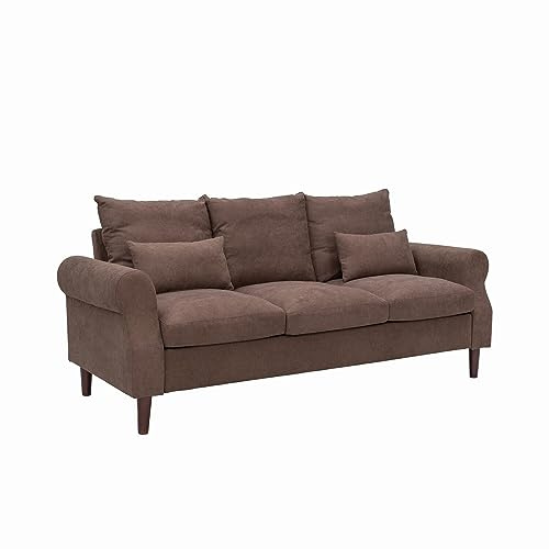 Panana 3 Seater Sofa,Rolled Armrest Design Upholstered Brown Linen Couch