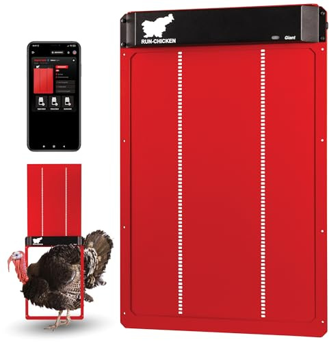 RUN-CHICKEN Door Giant – Large Automatic Poultry Coop Door for Ducks & Turkeys, Not for Chickens, Battery Powered/Solar Compatible, Heavy-Duty Aluminum, Predator Proof, Easy Install (Red)