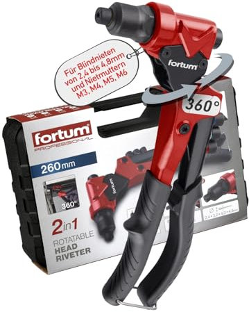 Fortum Remachadora manual combinada para remaches ciegos y remaches roscados, cabezal giratorio de 360°, alicate para tuercas de remache M3-M6 y remaches pop de 2,4 – 4,8 mm, alicates de remache