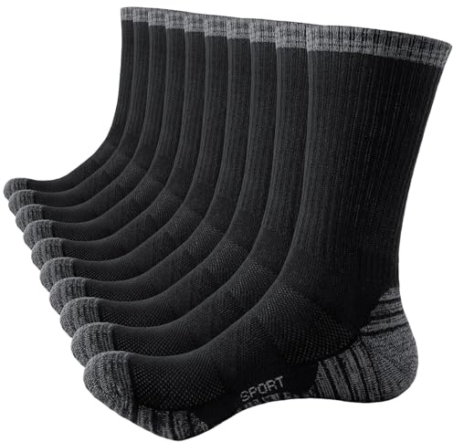 SockWaddles Mens Socks, Cushioned Sport Socks Anti Blister Wicking Breathable Cotton Socks, Unisex Crew Padded Athletic Socks for Walking Hiking Work Running Trainer Gym Outdoor 5 Pairs Black 6-8