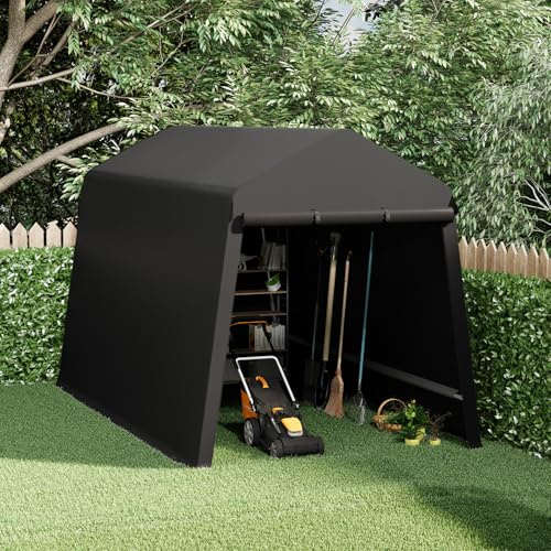 7X12 Ft Outdoor Portable Storage Shelter Shed with Rolled Up Zipper Doors & Vents, Heavy Duty Carport for Motorcycle Waterproof and Uv Resistant Anti-Snow Portable Garage Kit Tent, Black