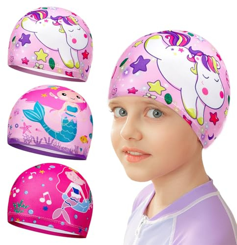 SYEYCW 3 Pezzi Cuffia da Nuoto, Cuffia Piscina, Cuffia Piscina Donna in Poliestere Impermeabile, Cuffia da Bagno a Cartoni Animati, per Capelli Lunghi e Corti, per Adolescents