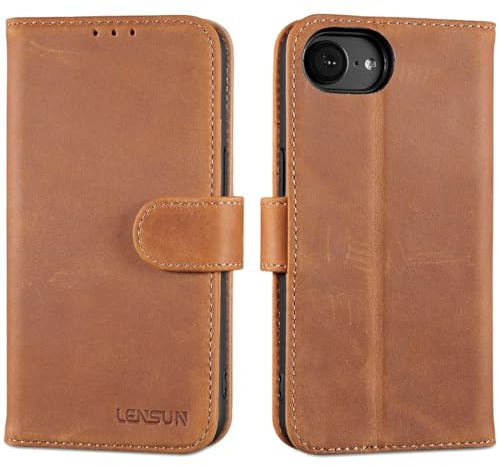 LENSUN iPhone 16E/ iPhone 17E-fodral, mobiltelefonfodral i äkta läder, plånboksfodral med plånbok] [RFID-blockering] [kortplatser] magnetisk stängning läderfodral - retro brun