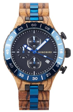 BOBO BIRD Men's Wooden Watch Chronograph Quartz Watch with Date Display, 43mm Large Dial, Luminous Hands, Natural Wood & Stainless Steel Wristwatch – Gift for Him (Blue -Zebrawood)