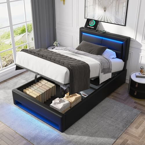 LARFOEK Sängklädsel, 90 x 200 cm med LED-belysning, säng med USB-port, sängram med ribbotten, enkelsäng för sovrum, gästrum, utan madrass, svart