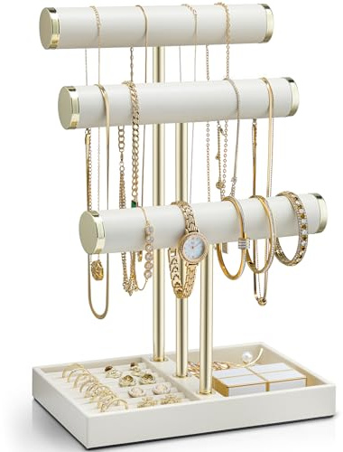 Vlando Schmuck Organizer 3 Etagen Schmuckständer Gold, Lederner Armbandhalter für Frauen - Schmuckhalter Display für Halsketten, Uhren, Ringe, Ohrringe, Armbänder, Armreifen, Sonnenbrillen- Beige