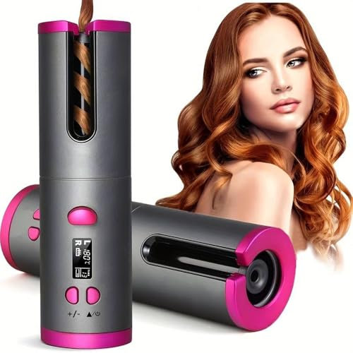 Wireless Auto Hair Curler with Adjustable Temperature and Timer, Automatic Cordless Curling Iron with LCD Display, Portable Rechargeable Rotating Fast Heating Hair Wand for Style, Auto Shut-Off (Gray)