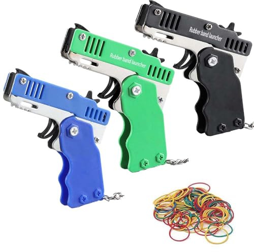 TAOHUAJIANG 3PCS Rubber Band Gun Mini Metal Folding Launcher Toy Mini Meta Gun with Keychain with 100 Elastic Rubber Bands (3 Colors)
