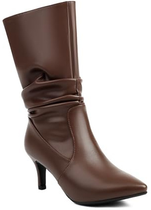 Mujer Tacón De Gatito Medio Botas De Media Pantorrilla Tirón Botas De Tacón Alto Punta Puntiaguda Cuero PU Botines Holgados,Marrón,37 EU