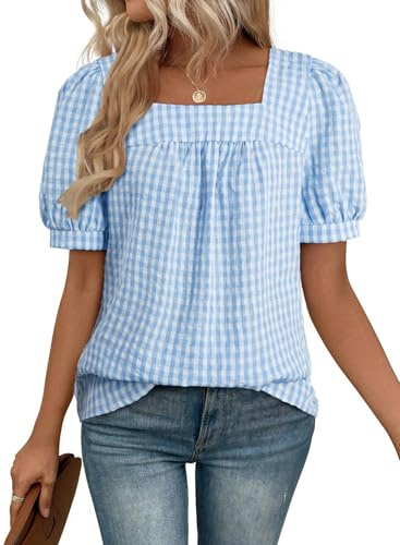 EVALESS Tops for Women Short Sleeve Tunic Blouse Dressy Casual Square Neck Gingham Tops Cotton Blend Plaid Shirt Cute Checkered Puff Sleeve Work Blouses 2026 Summer Vacation Outfits Blue X-Large