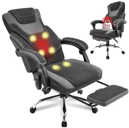 Massage Office Chair with Footrest,6-Point Vibration and Heat Executive Office Chairs,Ergonomic Desk Chair for Heavy People,500LBS Big and Tall Fabric Office Chair,BlackGrey