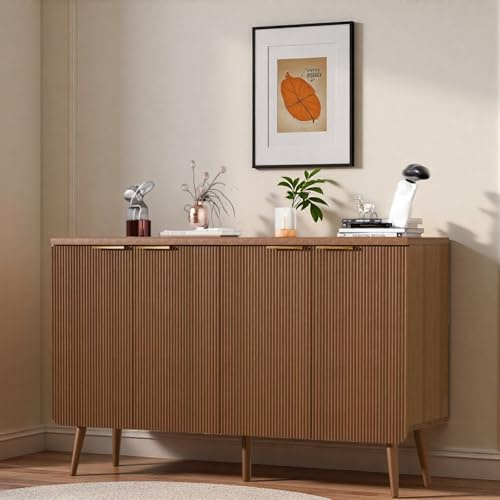 ComeWay 47.2 Modern Fluted Sideboard Cabinet with 4 Doors, Wood Storage Credenza with Shelves, Multi-Purpose Buffet Cabinet for Entryway, Dining & Living Room, Walnut