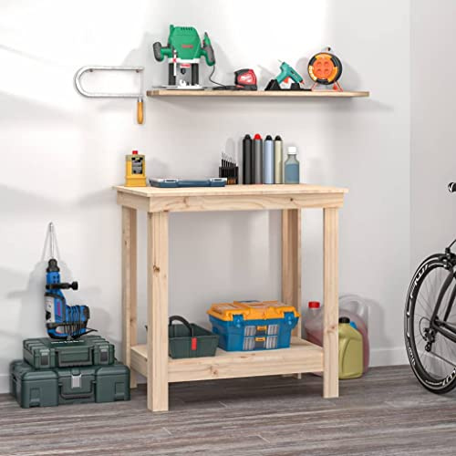 LoogCape Arbetsbänk 80 x 50 x 80 cm av massiv furu, justerbar höjd, vikbar, med låda och verktygsförvaring för garage, källare, hemmafixare, stabilt spännbord