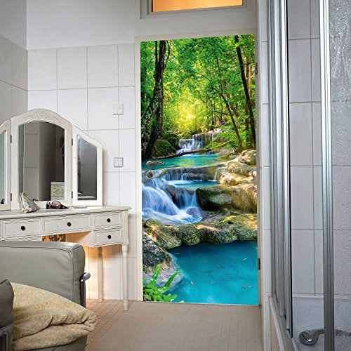 murimage Papier Peint Porte Chute d'eau 86 x 200 cm Colle Inclus Photo Mural forêt lac Pierres mur jungle rivière Thaïlande Asie bureau cuisine wallpaper