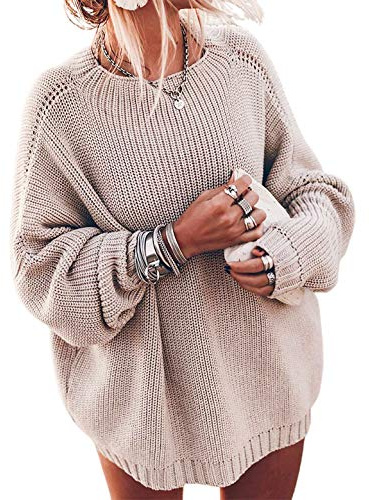 Ugerlov Women's Oversized Sweaters Batwing Sleeve Mock Neck Jumper Tops Chunky Knit Pullover Sweater (Beige, L/XL)