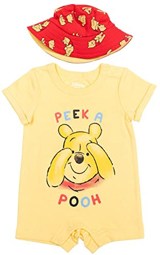 Disney Winnie the Pooh Newborn Baby Boys Romper and Bucket Sun Hat Yellow 3-6 Months