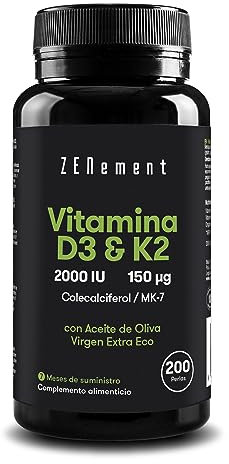 Vitamina D3 K2, 200 Softgels (7 Mesi), Vitamina D3 2000 UI + Vitamina K 150 μg | Supporta Ossa, Denti, Muscoli, Articolazioni e Sistema Immunitario | Vitamina K2 Mk7 Menachinone | Zenement