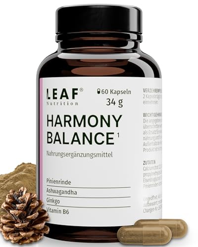 LEAF HARMONY BALANCE Kapseln Frauen – Zyklus, PMS & Meno Komplex Wechseljahre mit Ashwagandha, Pinienrinde, Ginkgo & Vitamin B6 zur Regulierung der Hormontätigkeit - 60 vegane Kapseln, made in Germany