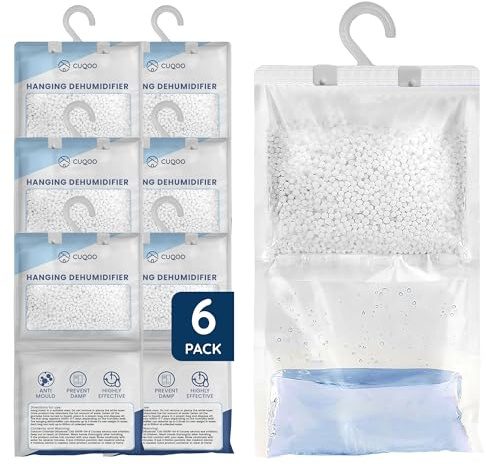 CUQOO Hanging Wardrobe Dehumidifier Bags – Disposable Moisture Absorber 6-Pack Sachets for Wardrobes; Hanging Dehumidifier Bag for Closet, Windows & Home Condensation Absorbers