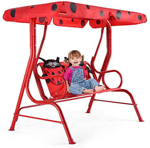 KOMFOTTEU 2-Sitzer Hollywoodschaukel, Doppelschaukel mit Sonnendach & Sicherheitsgurt, Kinderschaukel mit Marienkäfermotiv, Gartenschaukel bis 80 kg belastbar, Rot & Schwarz