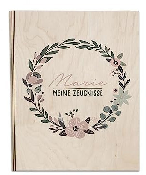 Personalisierte Zeugnismappe aus Birkenholz - Individuelles Geschenk zur Einschulung mit Namen - DIN A4 - Zeugnisringbuch Mädchen & Jungen - hellomini (Blumenkranz)
