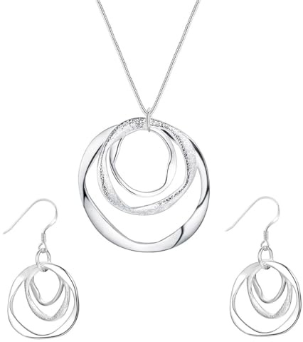 KONFEN Conjunto de Joyas de Plata, Plateado Círculo Juegos de Joyas Conjunto Pendientes y Collar Mujer, Geometría Joyeria Bisuteria Colgante Set para Mujeres Niñas