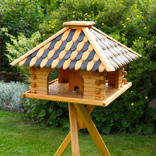 Deko-Shop-Hannusch Vogelhaus wahlweise mit Ständer und Solarbeleuchtung, Verschiedene Dachfarben (Vogelhaus, Dach Holzschindeln schwarz/braun)
