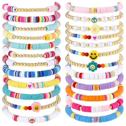 Sureio 24 Pcs Colorful Peace Sign Friendship Bracelets Heart Smile Bracelets Surfer Stretch Beaded Kids Bracelet for Girls Women Back to School Tween Girl Party Favors