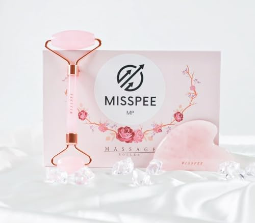 Misspee Jade Roller & Gua Sha Tool Set - Upgraded Neck Pain,Facial Massager Jaw Shaper Massage Tools for Reducing Puffiness, Firming Skin,Rose Quartz Crystal Eye Massager Skincare, ice Roller ha
