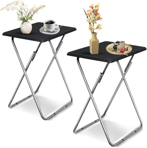 Huhote Small Folding Table, Folding Coffee Tables, Side Table 2 Set, TV TrayTable, Balcony Foldable Tables, Outdoor CampingTable, SofaTable, EndTable, LaptopTable for Small Space Living Room (Black)