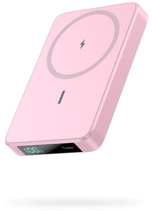 HETP Power Bank Magnético, 5200mAh Bateria Externa Inalámbrico, PD 20W USB-C Entrada/Salida Carga Rapida Cargador Portátil con Pantalla LED Compatible con Magsafe iPhone 16/15/14/13/12 Serie - Rosa