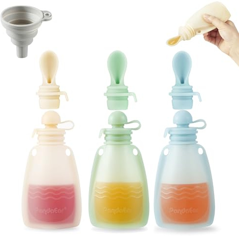 PandaEar Set di 3 Sacchetti Riutilizzabili in Silicone per Pappe per Neonati | Con 3 Cucchiai di Purea | Ricaricabili, Senza BPA, 150 ml (Beige/Blu/Verde)