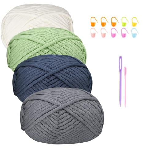 Tjockt bomullsullgarn för virkade nybörjare – 4 x 50 g Amigurumi-garn med tillbehör, Easy Crochet Starter Kit Grå salviagrön